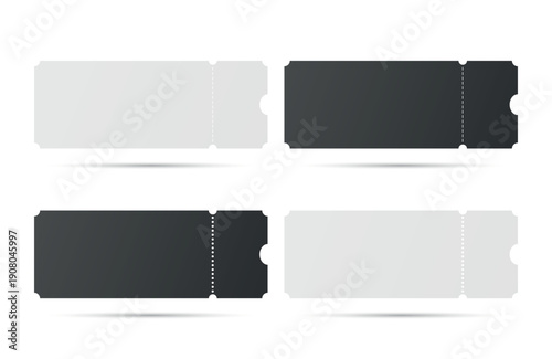 Vector Perforated Ticket Stub Template Set. Blank Admission, Event Tickets for Cinema, Theater, Concert, Festival. Voucher and Coupon. Black and White Tear-Off Design, Isolated, Front View