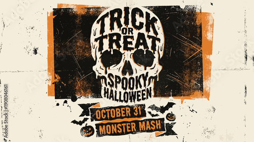 Halloween Skull Poster: Trick or Treat Monster Mash Event Invitation. Vintage Grunge Screen Print Graphic for October 31 Celebration.