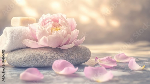 A soft pink peony flower rests on a smooth stone surrounded by delicate petals, evoking a sense of calm and natural beauty