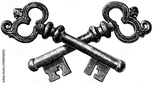 Intricate crossed keys, rendered in a detailed engraving style, featuring ornate handle designs