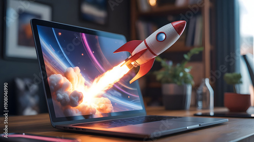 Red and white rocket launching from a laptop screen, symbolizing startup success, innovation, and digital business growth with a fiery exhaust.