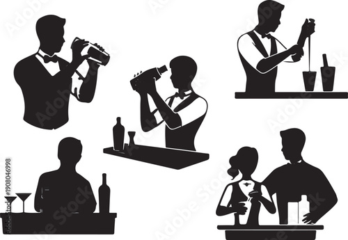 Bartender Preparing Cocktails Behind Bar Silhouette Style