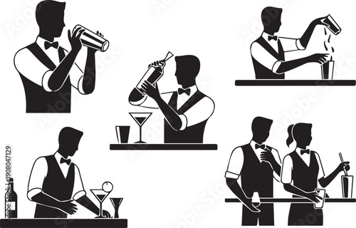 Bartenders Preparing Cocktails Behind Bar Counter