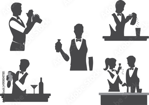 Bartender Preparing Cocktails And Serving Guests Illustration