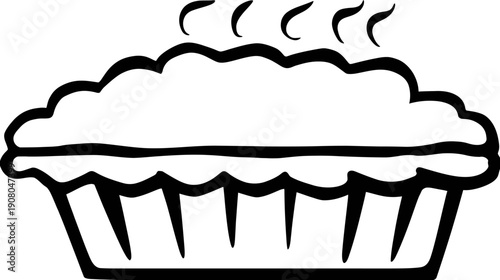 A simple, black-and-white illustration of a baked pie with steam rising from the top