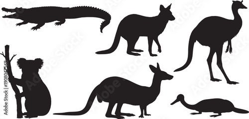 Black silhouettes of various Australian animals on white background