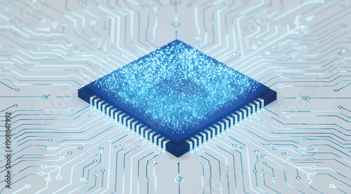 A blue microchip on a circuit board background