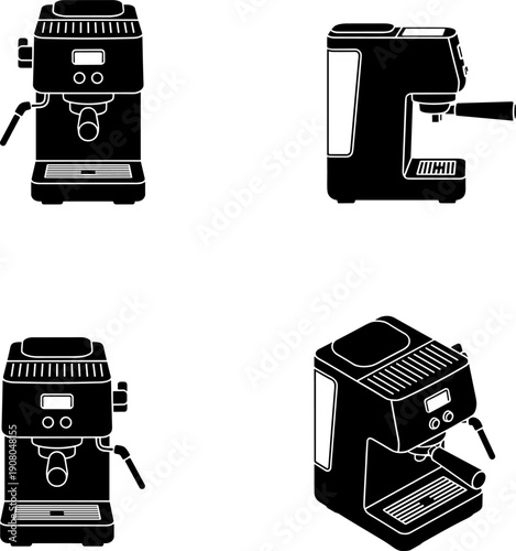 Espresso Machine Vector Icon Set: Four Black Silhouette Views (Front, Side, Isometric) Representing Professional Barista Coffee Makers for Cafe, Kitchen Appliance, and Brewing Concepts.
