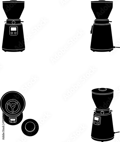Professional Electric Coffee Grinder Icon Set: Digital Display Espresso Bean Mill Silhouette Vector Pack for Barista & Kitchen Equipment Design. Top, Side, and Front Views
