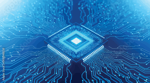 A blue circuit board with a glowing microchip
