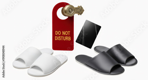 Do not disturb hotel door sign with black and white slippers isolated on white background
