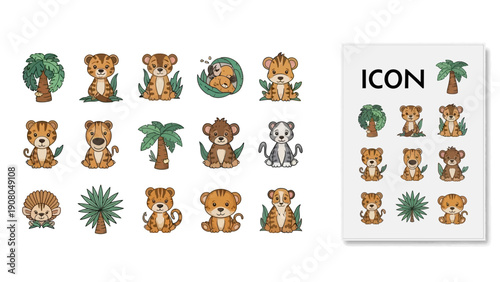 Set of cute baby animal icons and jungle palm trees