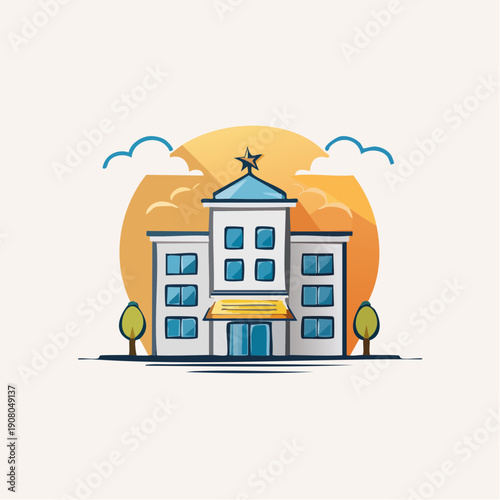 A cartoon illustration of a school building with a star on top and surrounding trees