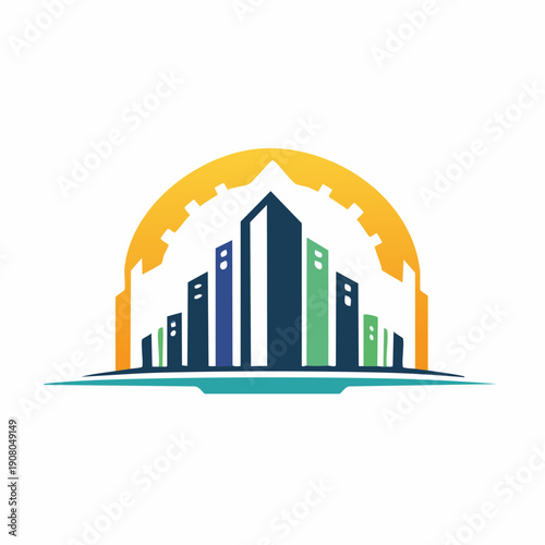 Modern cityscape logo with buildings and a gear sun icon for construction or real estate business