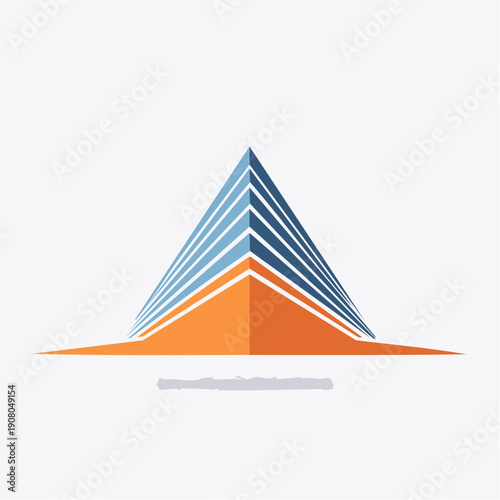 Abstract geometric pyramid building icon design in blue and orange representing modern architecture and corporate development