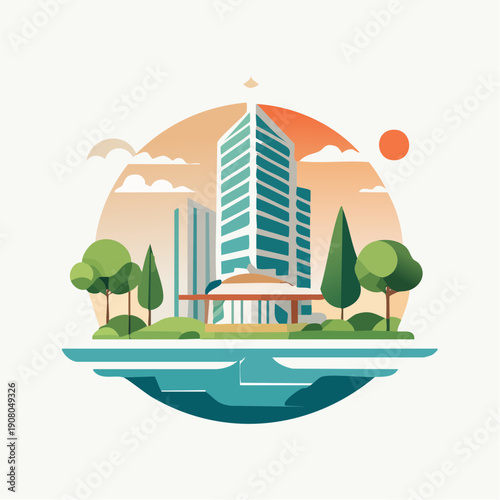 Flat vector illustration of a modern green city with sustainable architecture and parkland