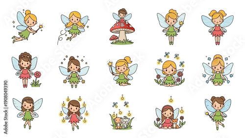 Cute cartoon fairies collection with magical elements.