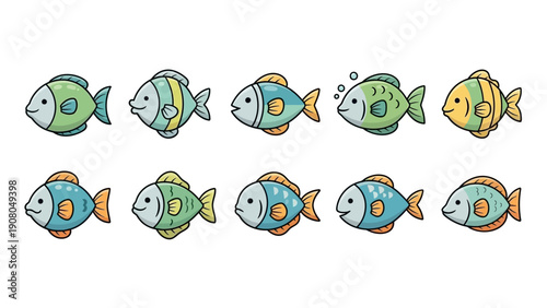 Set of Cute Colorful Cartoon Fish Illustrations