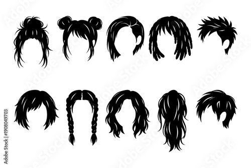 Ten diverse black silhouette hairstyles including braids and ponytails