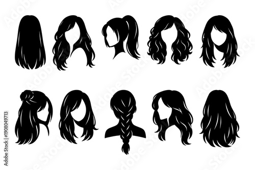 Set of female silhouette hairstyles: long, wavy, braided, ponytail, bun
