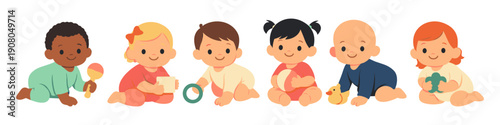 Diverse group of crawling babies with toys in a playful setting