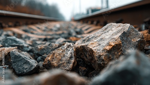 Detailed Close-up of Gritty Railway Ballast Rocks with Blurred Tracks Receding into the Distance.