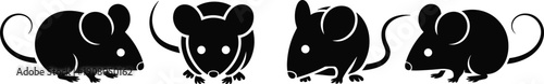 Mouse silhouette icons set, cute rat cartoon animal collection, small rodent poses design, black flat vector illustration isolated