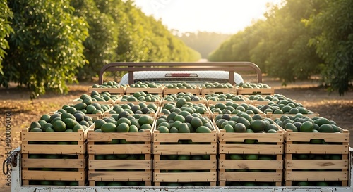 Freshly Harvested Avocados Loaded in Wooden Crates on Pickup Truck in Orchard Setting