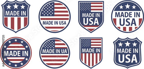 American patriotic made in USA labels and badges with flags  various shapes