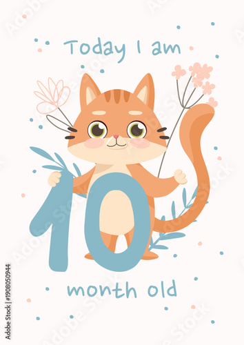 Card with a cute ginger cat. Baby number cards for newborns. Baby shower milestone cards 10 month old. Vector image.