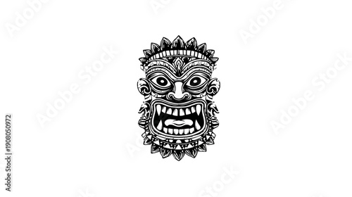 A black and white tribal mask with exaggerated features and intricate details