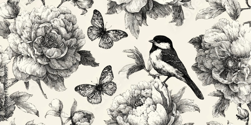 Elegant vintage floral pattern with dark green roses and delicate butterflies on a cream background