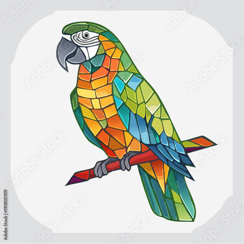 Vibrant Geometric Stained Glass Parrot on a Branch, Colorful Tropical Bird Illustration