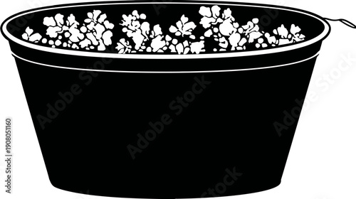 A black and white illustration of a potted plant with white foliage and a simple handle