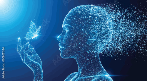 A woman's face and hand made of particles with a butterfly