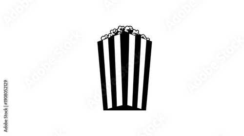 A black and white illustration of a popcorn container with stripes, overflowing with kernels