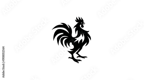 A striking silhouette of a rooster. Its black outline stands against a plain white backdrop