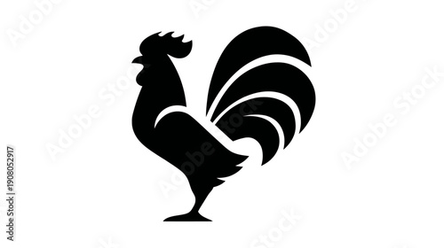 A side-profile view of a simplified black rooster silhouette. It has a large tail and a detailed comb