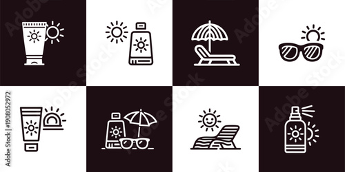 Icon Set Vector of 8 Summer Sun Protection Beach Vacation Outline