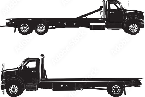 Two flatbed tow trucks isolated on transparent background