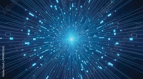 A blue light explodes in a dark space with digital elements