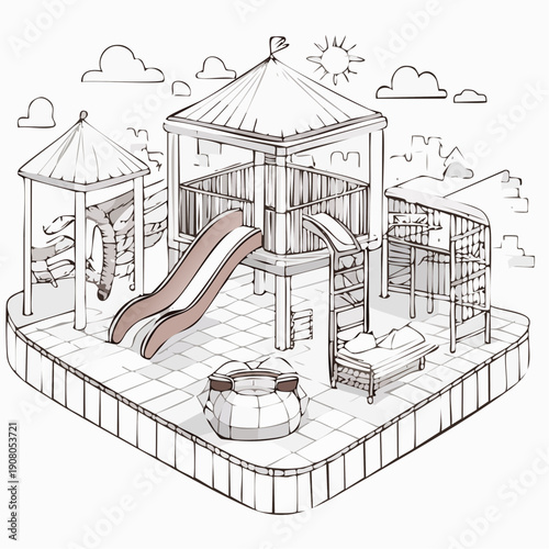 Children's playground with climbing frames and slide illustration.