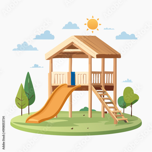 Colorful wooden playhouse with slide and ladder in a sunny garden.