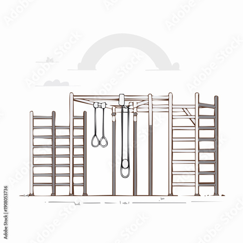 Outdoor fitness equipment with ladders and rings for exercise and recreation.