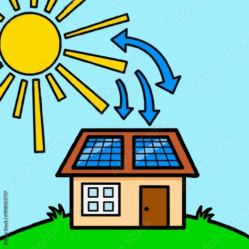 Educational Cartoon Illustration of Solar Panels Catching Sun Rays. Bright and simple vector illustration of solar modules absorbing energy from a friendly cartoon sun. 