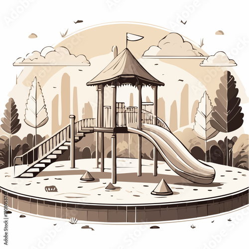 Children's playground with wooden play structure and slide.