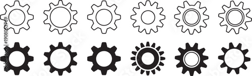 Set of black and white gear icons in various styles and shapes