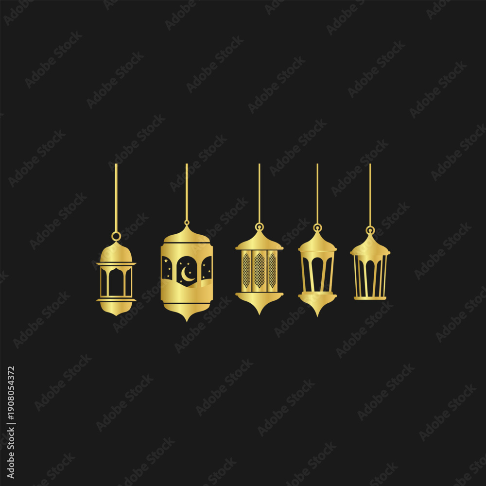 Fototapeta premium Set of golden lanterns ramadhan on a black background. Vector illustration.