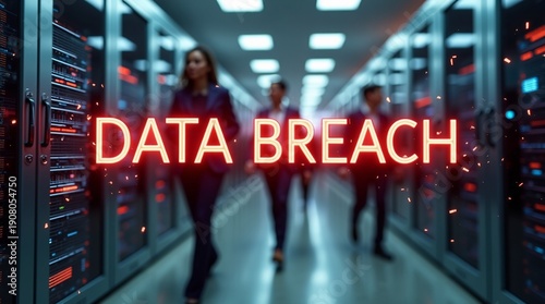Three professionals walking in a data center with a glowing overlay reading 'DATA BREACH'.