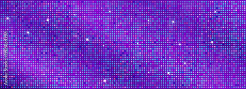 Shimmering disco ball pattern with iridescent sequins creates a dazzling party backdrop. Purple and pink glitter tiles reflect neon light across the dance floor in disco style.